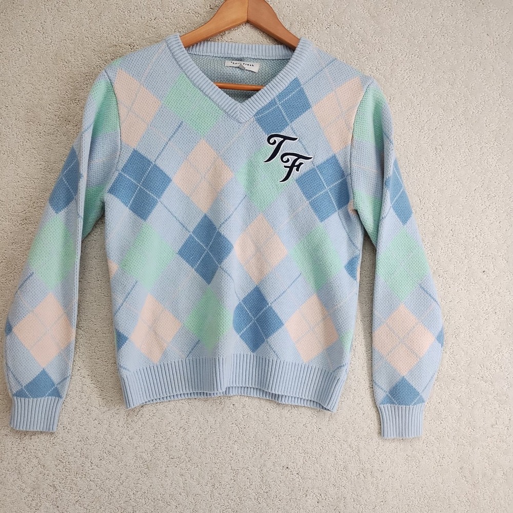 Teddy Fresh Sweater Womens M Pastel Argyle V-Neck Long Sleeve TF Bear Patch